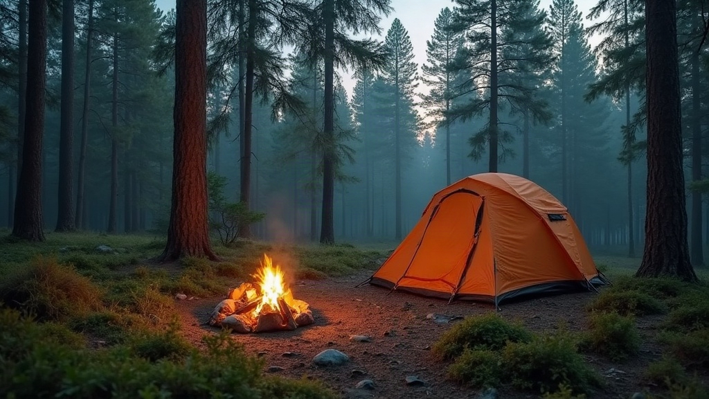Solo Overnight Bushcraft Camp Setup in Pine Woodland